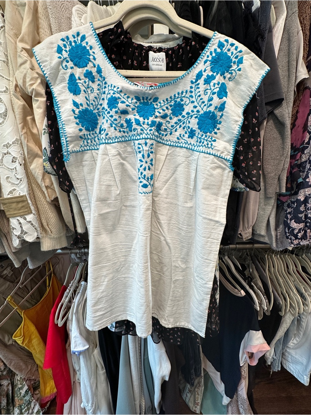 MISA White Mini Dress with Turquoise Floral Embroidery